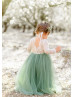 Ivory Lace Sage Green Tulle Floor Length Flower Girl Dress